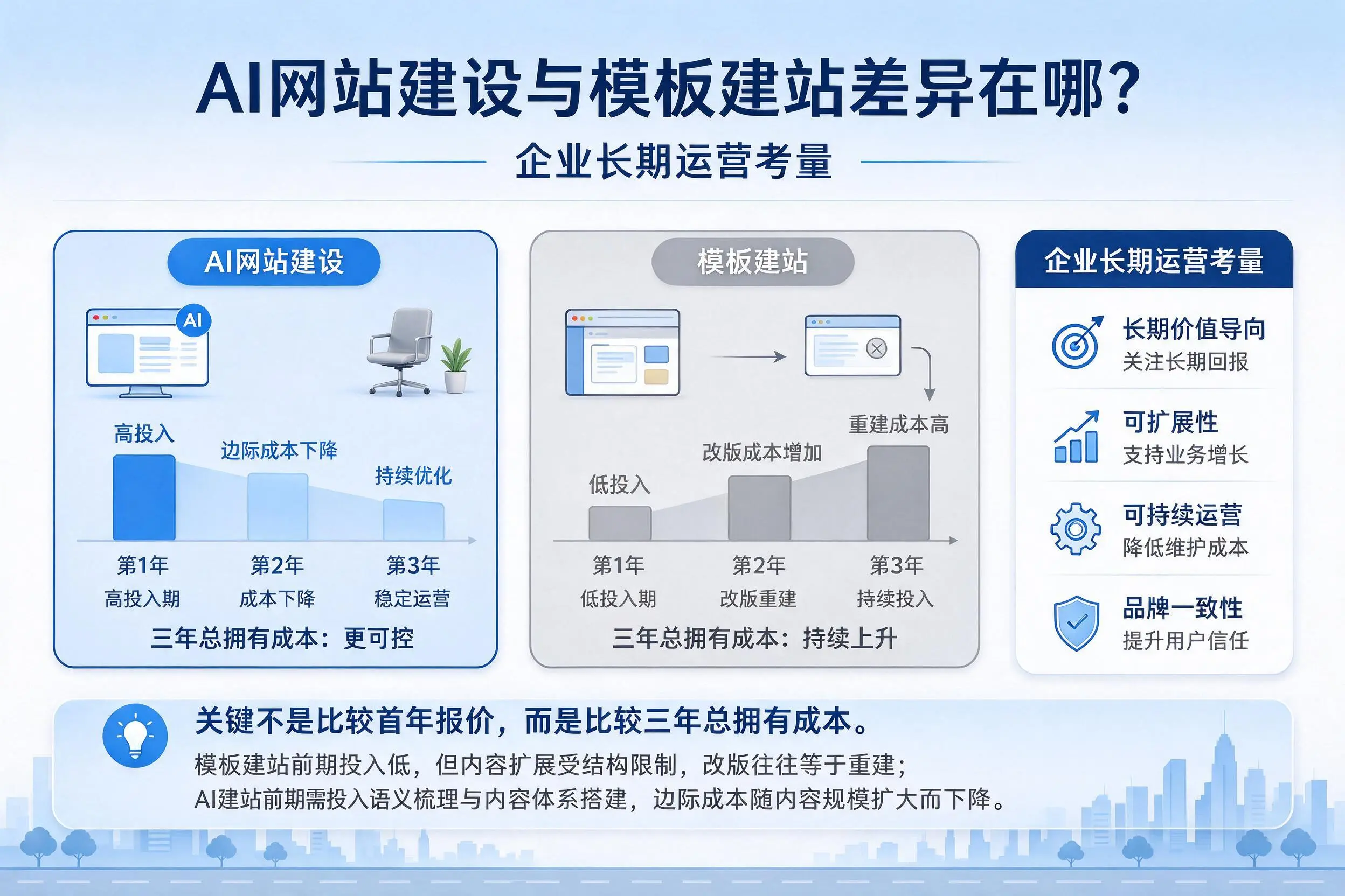 AI网站建设与模板建站差异在哪？重庆城区企业长期运营考量
